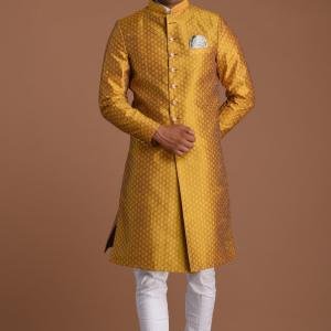 Golden Diamond Shape Maharaja Style Brocade Silk Sherwani | Regal Wedding Attire for Men | Jaipurio